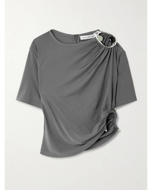 Christopher Esber Gray Orica Cropped Asymmetric Embellished Ruched Jersey T-Shirt