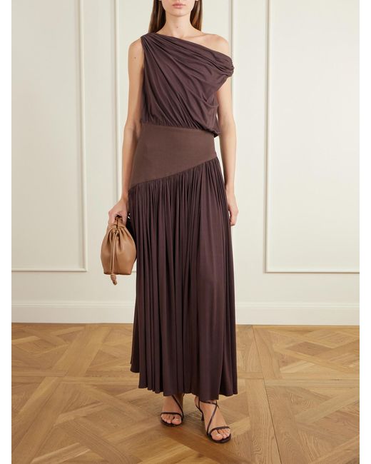 Abadia Brown Gwen One-Shoulder Asymmetric Draped Jersey-Trimmed Stretch-Bamboo Maxi Dress