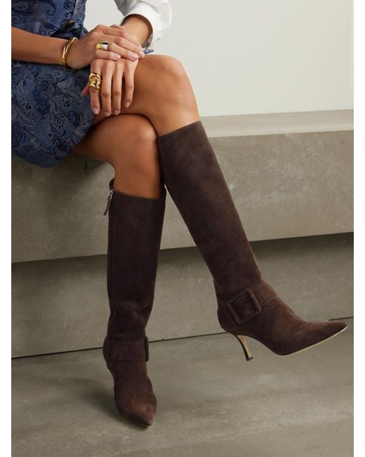 Manolo Blahnik Brown Bayhi 70 Buckle-Embellished Suede Knee Boots