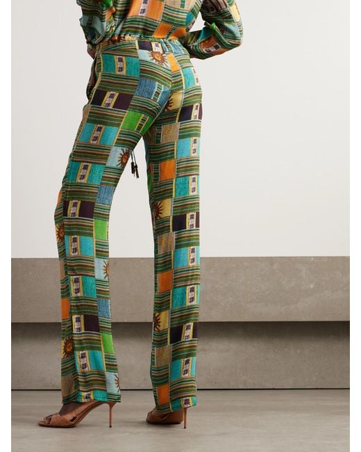 Siedres Green Tara Printed Cotton-Blend Straight-Leg Pants