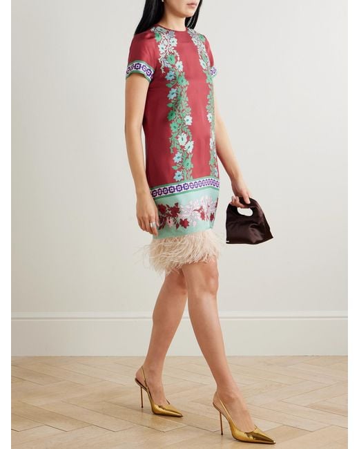 LaDoubleJ Multicolor Swing Feather-Trimmed Printed Silk-Twill Mini Dress