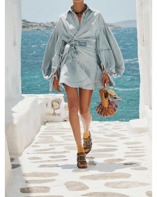 Zimmermann Blue Rebellion Gathered Denim Mini Wrap Dress