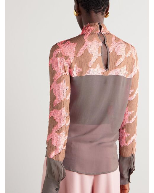 Dries Van Noten Pink Sequined Houndstooth Chiffon Blouse