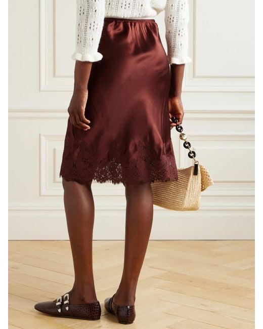 Doen Purple Elowette Lace-Trimmed Silk-Satin Midi Skirt