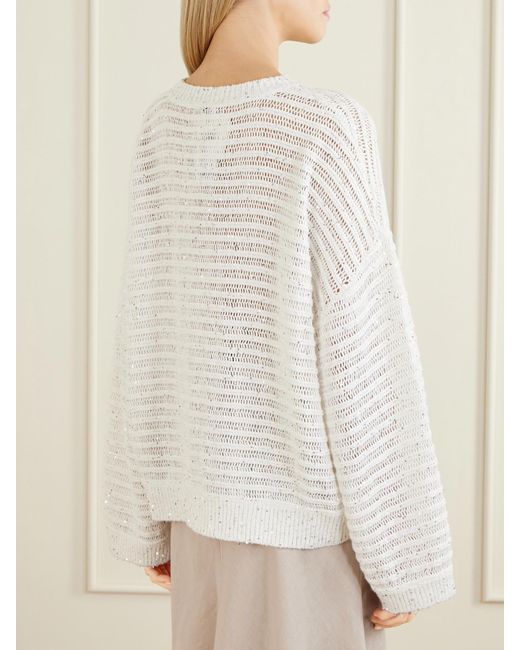 Brunello Cucinelli White Open Linen-Blend Knit Sweater