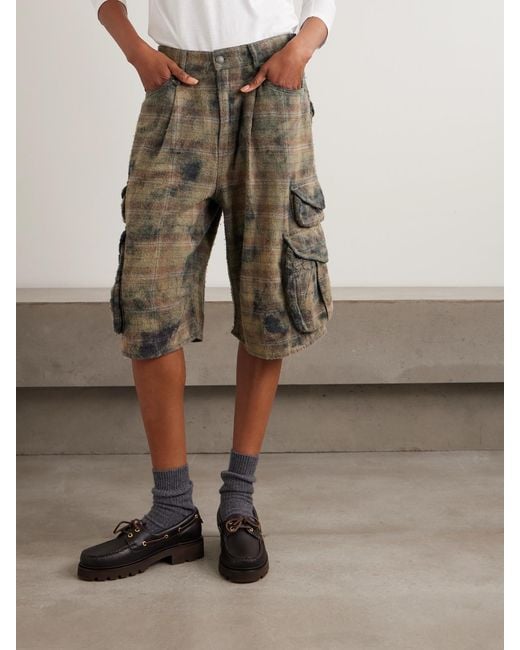 R13 Green Checked Distressed Cotton-Flannel Cargo Shorts