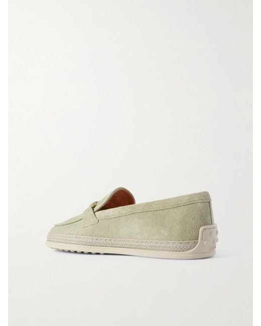 Tod's Natural Gomma Embellished Leather And Raffia-Trimmed Suede Loafers