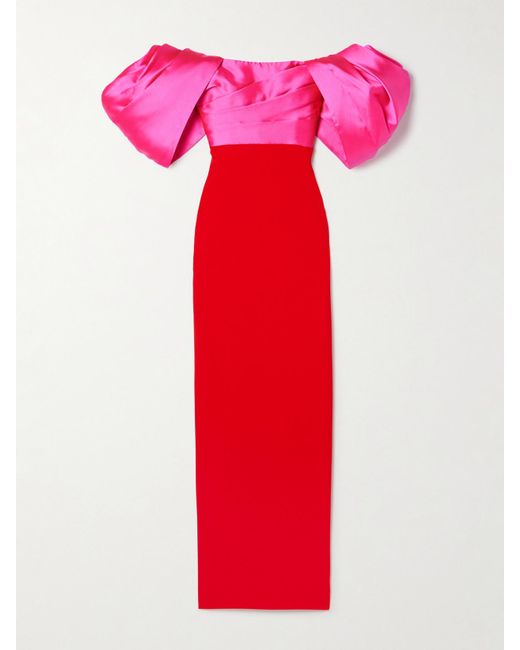 Solace London Red Sian Off-The-Shoulder Two-Tone Pleated Crepe And Faille Gown