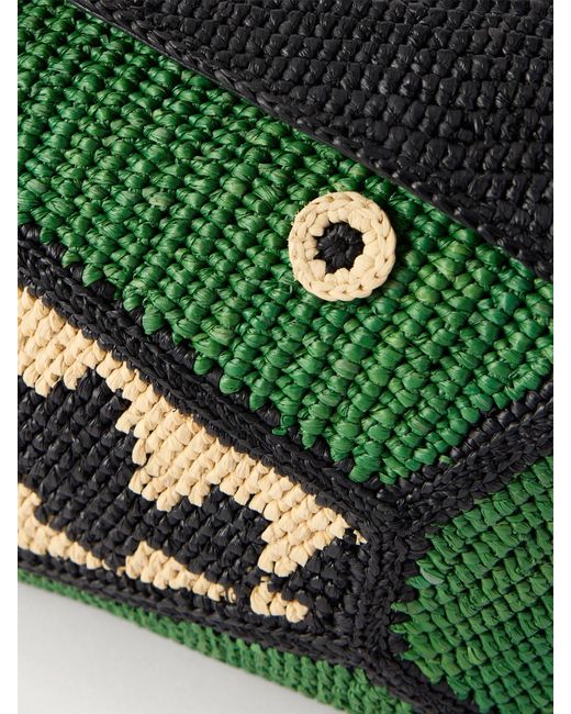 Loewe Green Paula's Ibiza Puzzle Edge Crocodile Leather-Trimmed Raffia Shoulder Bag