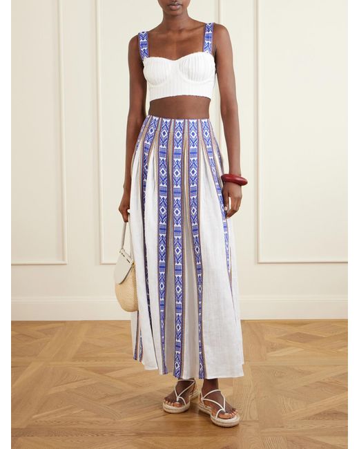 Emporio Sirenuse White Dalia Pleated Printed Linen Cropped Top
