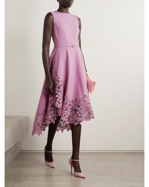 Oscar de la Renta Purple Belted Guipure Lace-Trimmed Wool-Blend Crepe Midi Dress