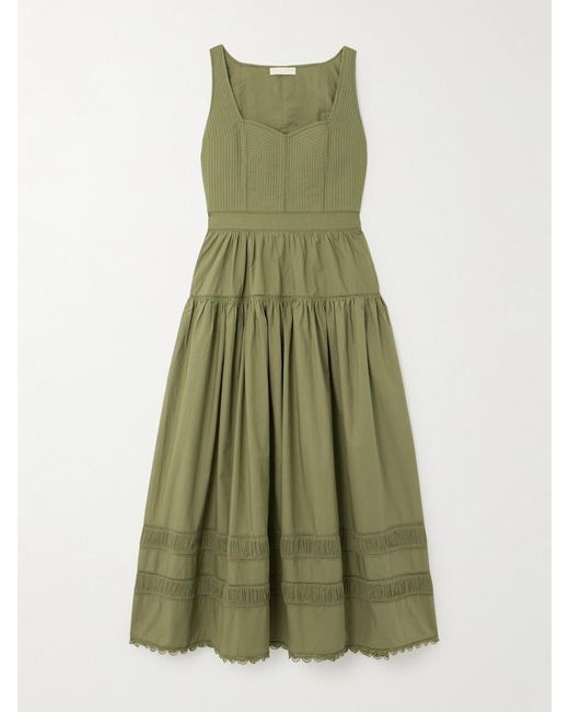 Ulla Johnson Green Isadora Tiered Lace-Trimmed Cotton-Poplin Midi Dress