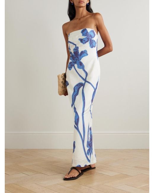 Robe Longue Bustier En Lin À Imprimé Fleuri Nosso Amor ANDRES OTALORA en coloris Blue