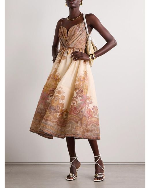 Robe Midi En Organza De Lin Et De Soie Mélangés Imprimé À Plis Illustration Zimmermann en coloris Natural