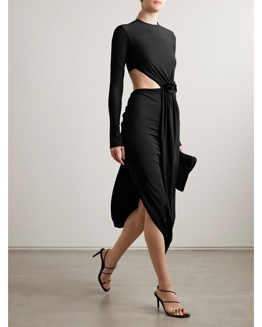 Maygel Coronel Black Damasco Appliquéd Cutout Stretch-Jersey Midi Dress