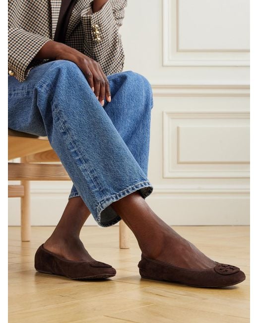 Tory Burch Brown Reva Embellished Suede Ballet Flats