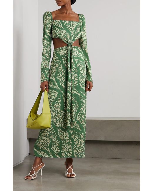 Agua Bendita Green Cuarzo Astro Esmeralda Cutout Floral-Print Twill Maxi Dress