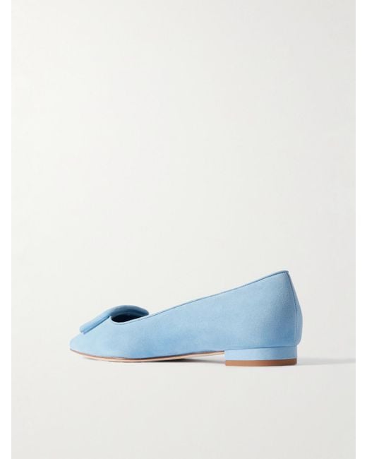 Manolo Blahnik Blue Maysale Buckled Suede Point-Toe Flats