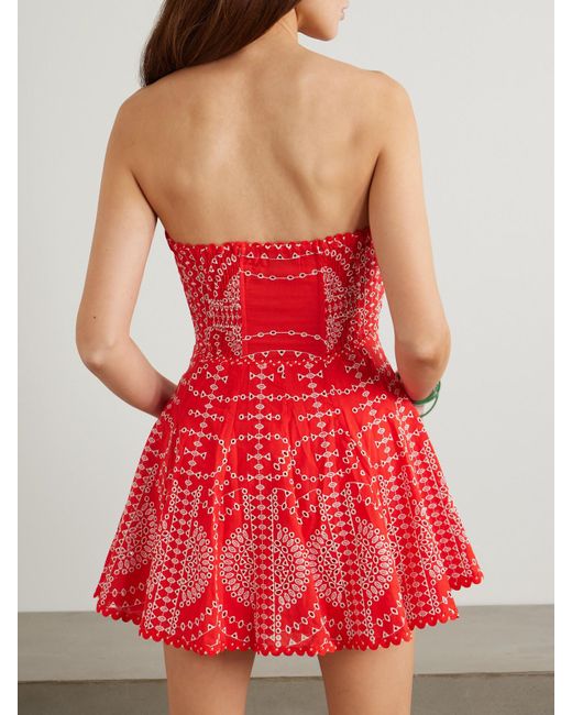Charo Ruiz Red Clem Strapless Broderie Anglaise Cotton-Blend Mini Dress