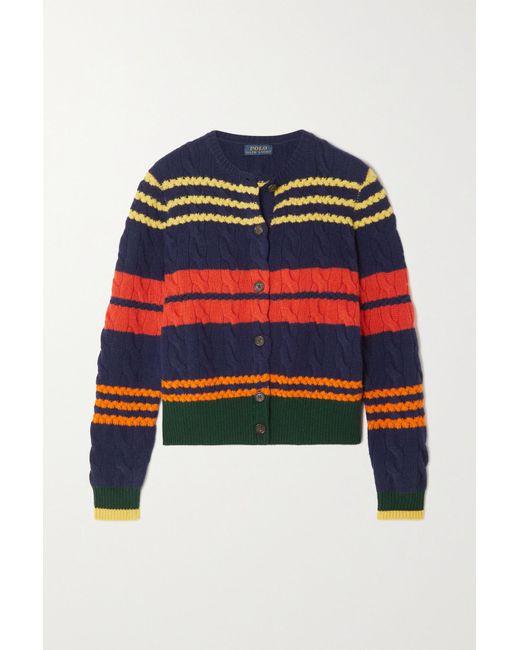 Polo Ralph Lauren Striped Cable-knit Wool And Cashmere-blend Cardigan ...