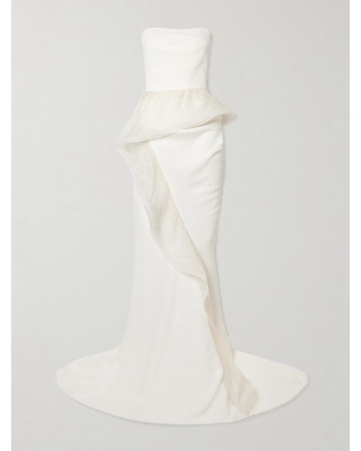 Maticevski White Hopeton Strapless Bead-Embellished Silk-Trimmed Crepe Gown