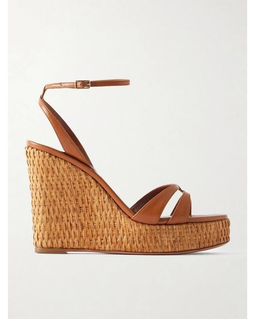 Aquazzura Brown You And I 110 Leather Wedge Sandals