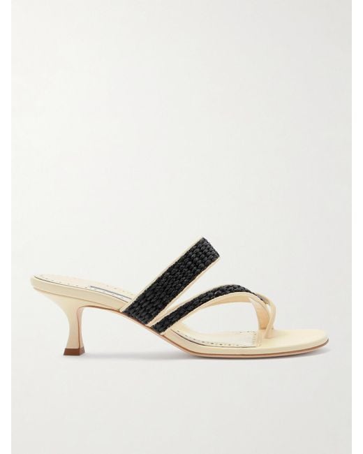 Manolo Blahnik Natural Susa 50 Raffia-Trimmed Leather Mules
