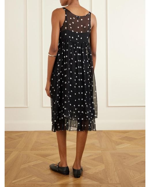 R13 Black Gathered Polka-Dot Silk Midi Dress