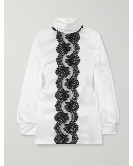 Dolce & Gabbana White Lace-Trimmed Silk-Blend Satin Turtleneck Blouse