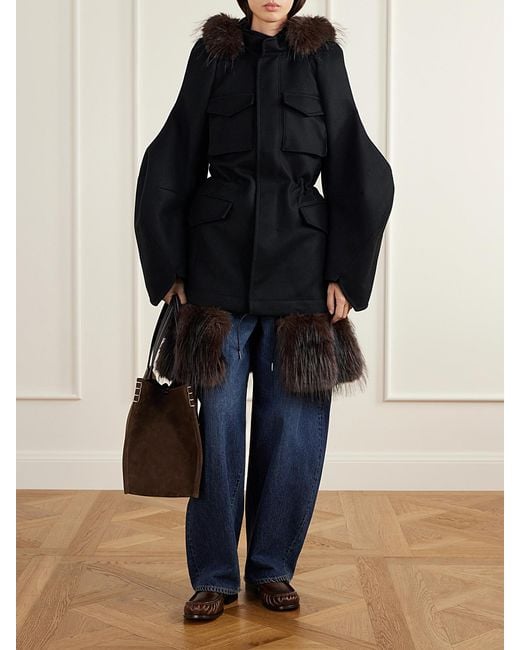 Sacai Blue Padded Plush-Trimmed Wool Coat