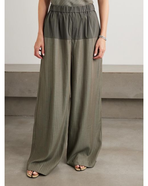 St. Agni Green Splice Pinstriped Twill And Cotton-Blend Poplin Wide-Leg Pants