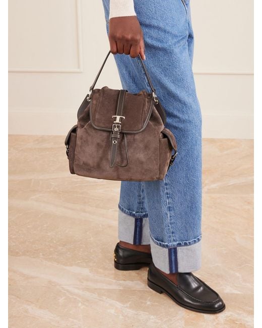 Tod's Brown Tim Zaino Mini Leather-Trimmed Suede Shoulder Bag