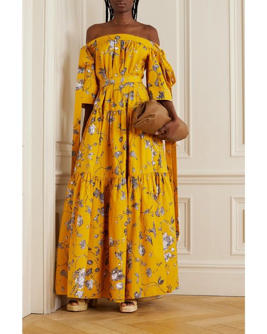 Erdem Yellow Off-The-Shoulder Bow-Detailed Floral-Print Cotton-Faille Gown