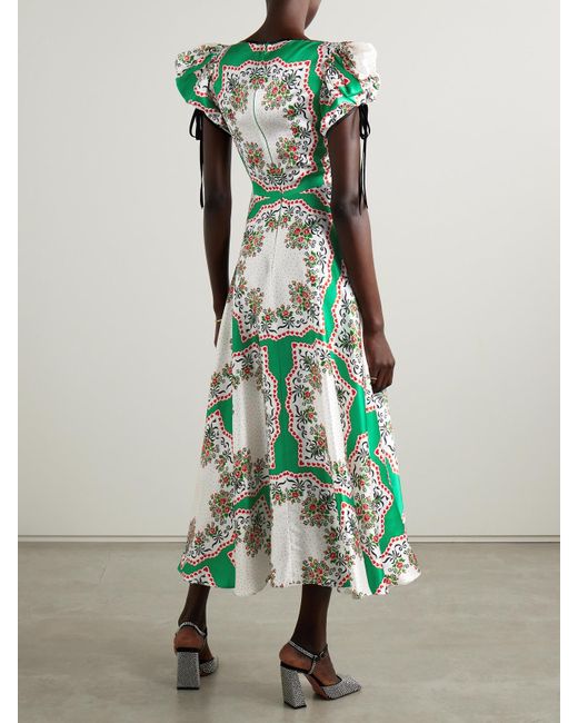 Rodarte Green Printed Silk-Satin Midi Dress