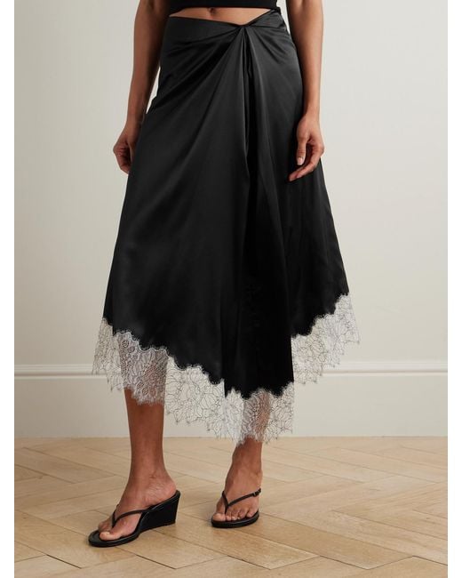Staud Black Sonoma Asymmetric Gathered Lace-Trimmed Silk-Blend Satin Midi Skirt