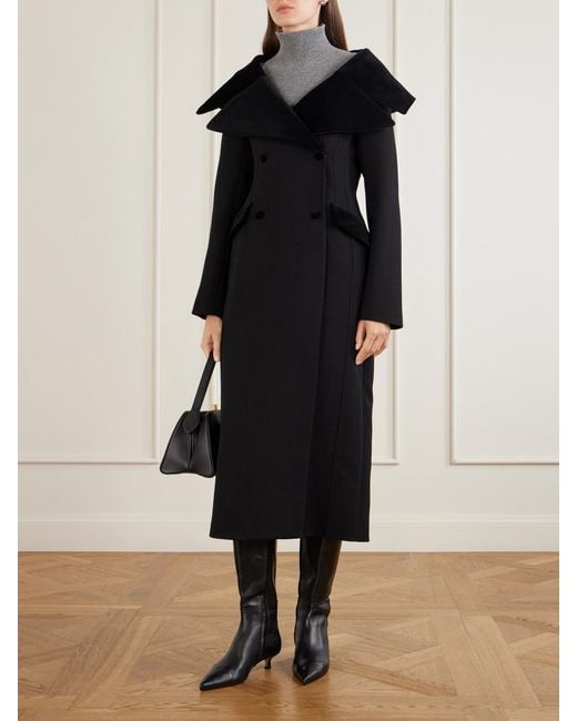 LIBEROWE Black Hourglass Double-Breasted Wool Velour-Trimmed Coat
