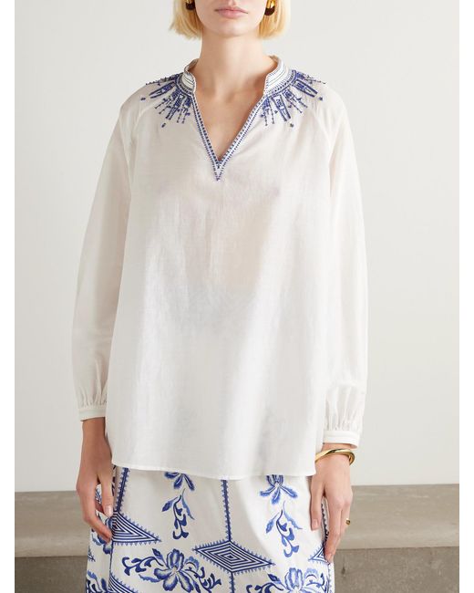 Emporio Sirenuse White Iliza Bluse Aus Einer Baumwoll-Seidenmischung Mit Stickereien Und Zierperlen