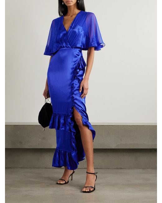 Saloni Blue Rose Ruffled Wrap-Effect Devoré Satin And Chiffon Maxi Dress