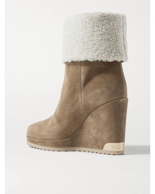 Moncler Brown W Short Shearling-Lined Suede Wedge Ankle Boots