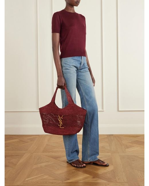 Saint Laurent Red Icare Maxi Leather-Trimmed Raffia Tote
