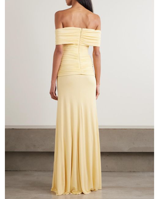 Rebecca Vallance Natural Zaley Off-The-Shoulder Ruched Jersey Gown