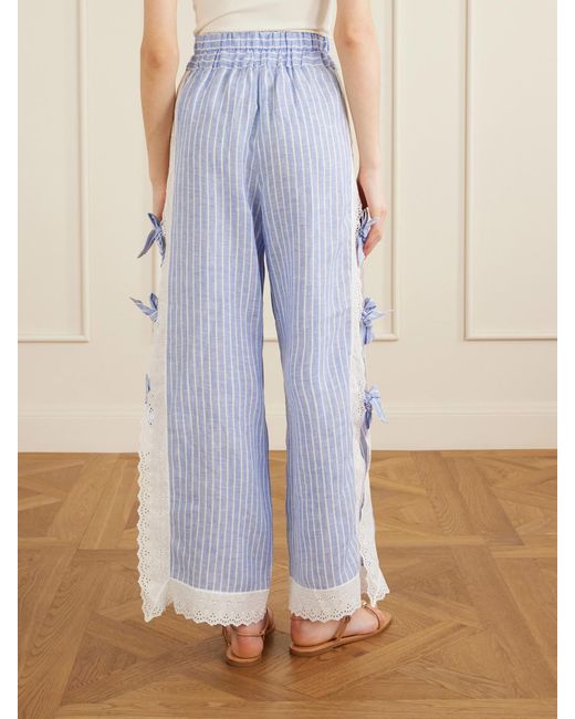Loretta Caponi Blue Clarissa Bow-Embellished Striped Broderie Anglaise-Trimmed Linen Straight-Leg Pants