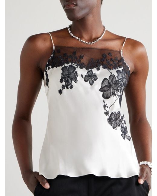 Carine Gilson White Lace-Trimmed Silk-Satin Camisole