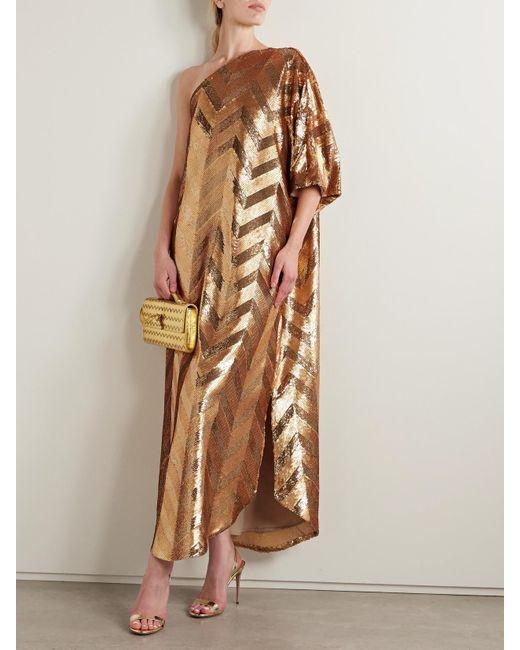 ‎Dima Ayad Natural One-Shoulder Sequined Crepe De Chine Gown