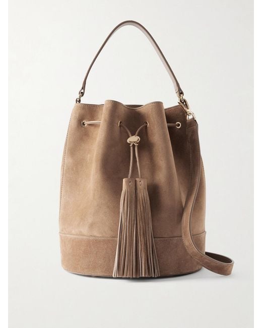 Gianvito Rossi Natural Sienna Tasseled Leather-Trimmed Suede Bucket Bag