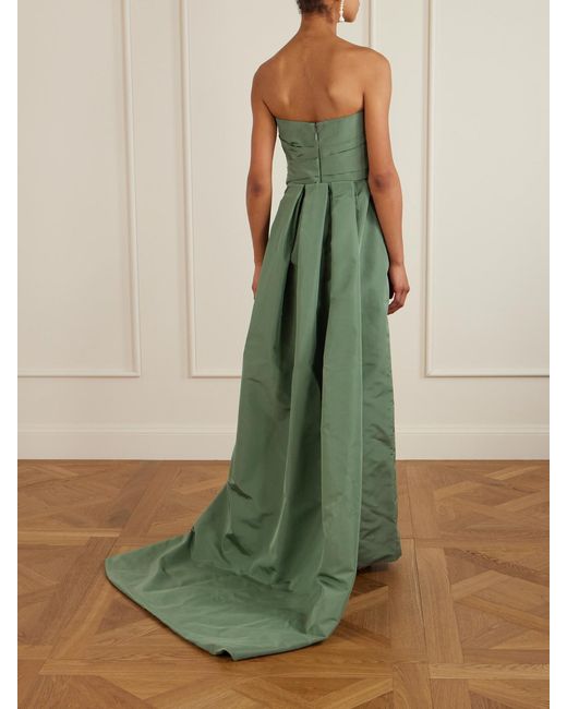 Oscar de la Renta Green Strapless Draped Embellished Silk-Faille Gown