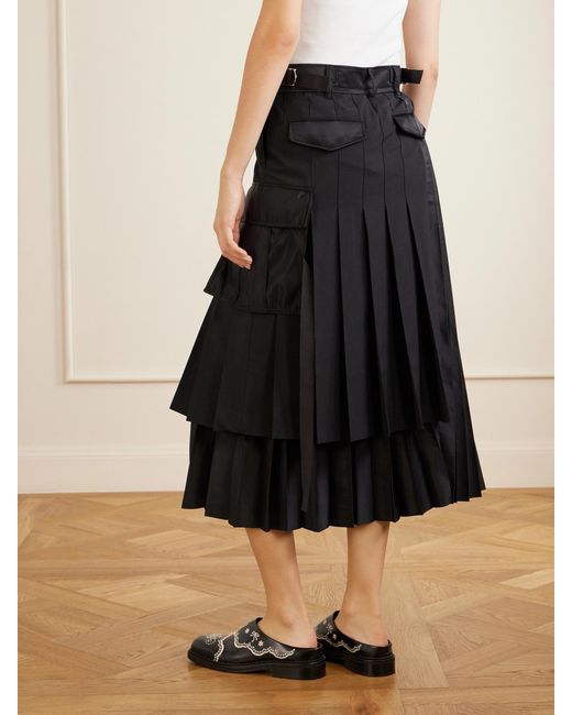 Sacai Black Pleated Twill And Shell Midi Skirt