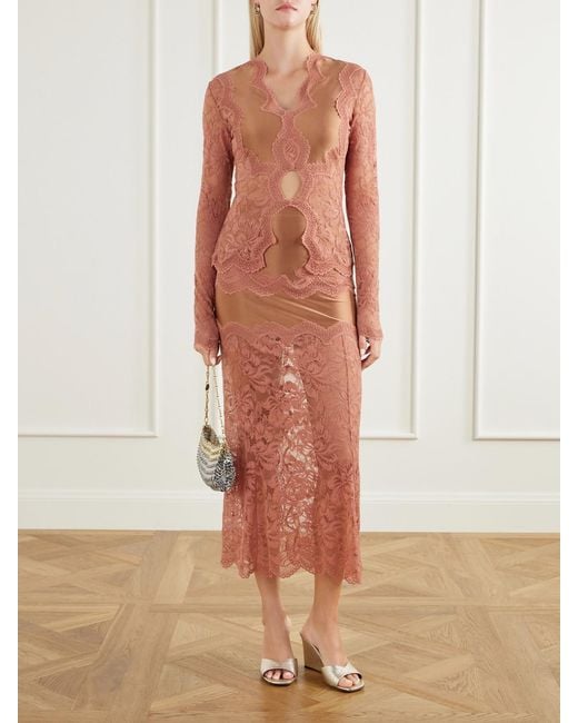 Rabanne Pink Lace-Trimmed Stretch-Satin Midi Skirt