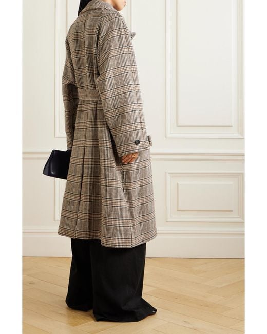Kassl Natural Distressed Belted Checked Wool-Blend Coat