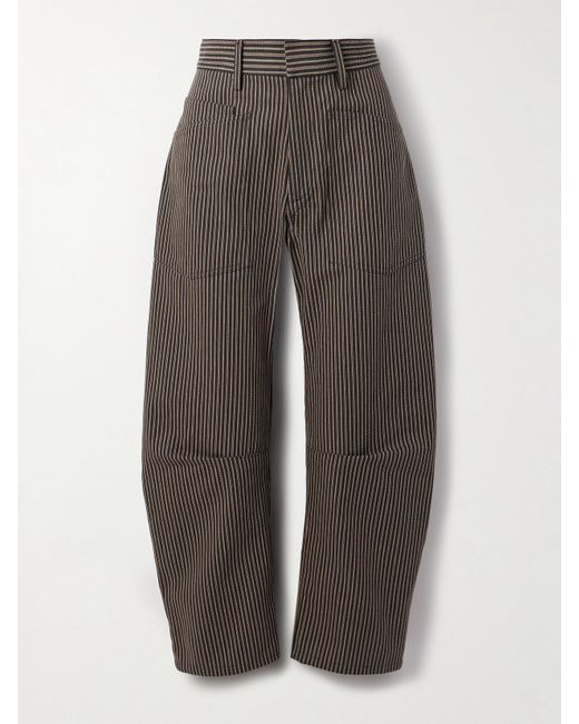 Nili Lotan Gray Shon Striped Cotton-Twill Barrel-Leg Pants